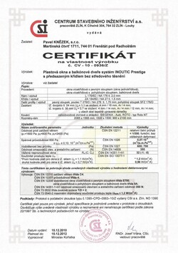 V&yacute;robkov&yacute; certifik&aacute;t okna INOUTIC Prestige AD