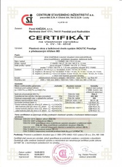 Výrobkový certifikát okna INOUTIC Prestige MD