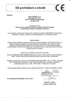 Prohl&aacute;&scaron;en&iacute; o shodě okna INOUTIC Prestige MD